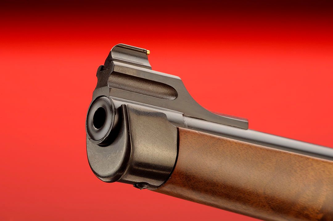 With the No. 1, there are model variations to suit all. This is the muzzle end on the International model complete with the Mannlicher-type stock.